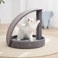 A white cat in the Petsbelle Sail cat tree, a grey round bed with an arched sisal hoop and a post