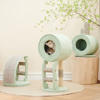 Petsbelle Avia solid wood cat tree in sage green, a capsule condo on timber legs with a cat inside
