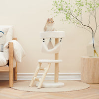 Petsbelle Devotion solid wood cat tree with a hammock and step ladder, a cat on the top platform