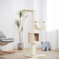 Petsbelle Solace solid wood cat tree with a hammock, condo and sisal post, a cat on the top platform