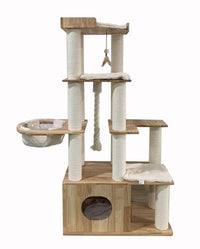 Petsbelle PS474 solid wood cat tree with stacked platforms, a rope, a bowl bed and an enclosed condo