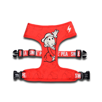 Dashi x Popeye Swee'Pea Neo Mesh dog harness in red, Swee'Pea on the chest panel, laid flat