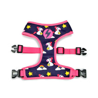 Dashi Unicorn Neo Mesh dog harness, unicorns, stars and rainbows on navy with pink trim, laid flat