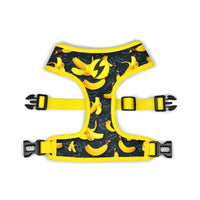 Dashi Banana Neo Mesh dog harness, yellow banana print on navy with yellow trim and buckles, laid flat