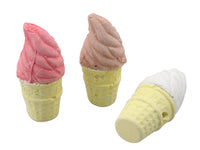 Three Nature Island cinnamon ice cream bird perches shaped as swirled cones in pink, cream and white