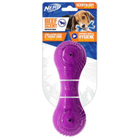 Nerf Dog Scentology beef-scented solid barbell dog toy, 17.5cm, clear and purple