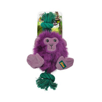 All for Paws AFP Safari Big Foot Monkey purple plush dog toy with knotted rope, on its card