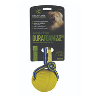 Starmark Swing & Fling DuraFoam Fetch Ball retail card, yellow foam ball on a rope