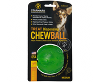 Starmark Treat Dispensing Chew Ball retail card marked Medium, showing the green rubber ball