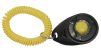 Starmark Pro-Training Clicker Deluxe, a black clicker with a yellow button and a coiled wrist strap