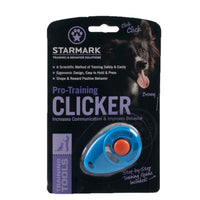 Starmark Pro-Training Clicker retail card showing the blue clicker with an orange button