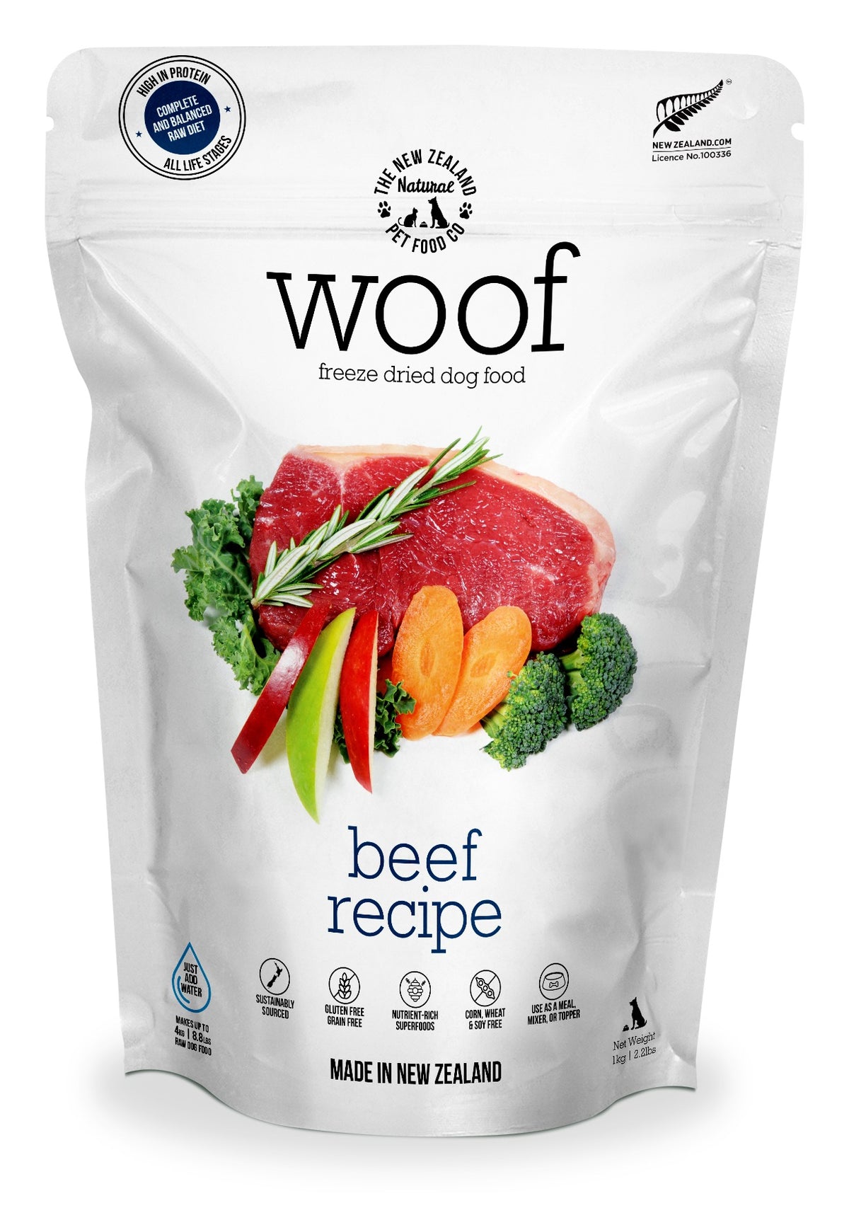 The New Zealand Natural Woof freeze dried dog food Beef 1kg – front of pouch