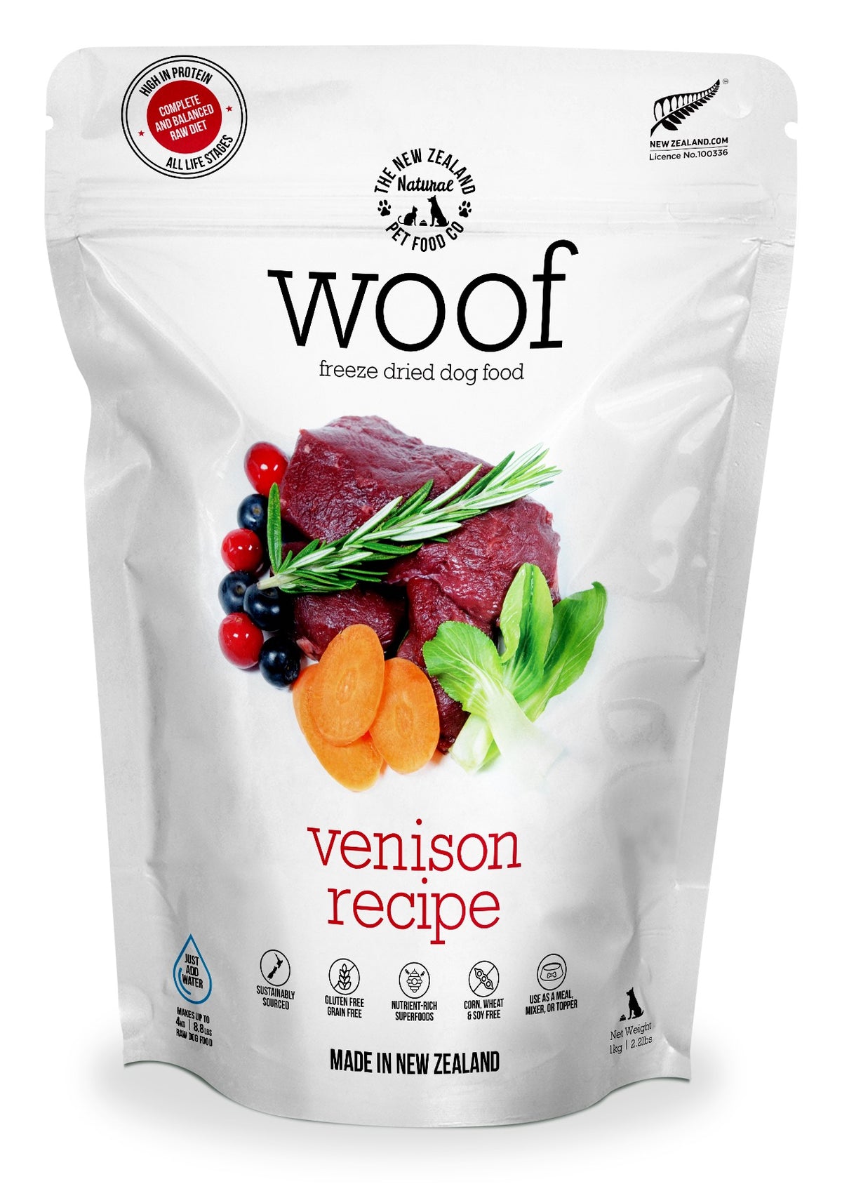 The New Zealand Natural Woof freeze dried dog food Wild Venison 1kg – front of pouch