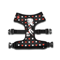 Dashi Classy Betty Neo Mesh dog harness, Betty Boop with red hearts and white spots on black, laid flat