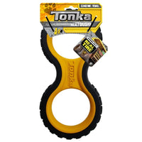 Yellow and black Tonka figure-of-eight tread tug dog toy on its retail card