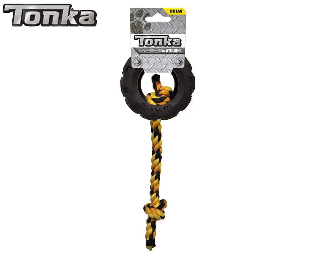 Tonka Dog Toys Mighty Chomp Tyre w/ Rope Black/Yellow 10cm