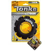 Black and yellow Tonka tread tyre chew toy on its retail card