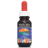 Plush Puppy Travel Well Flower Essence 25ml, amber dropper bottle with a red dropper cap