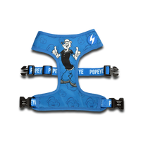 Dashi x Popeye Neo Mesh dog harness in blue, Popeye on the chest panel and POPEYE straps, laid flat