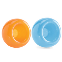 Two Planet Dog Orbee-Tuff Snoop treat toys side by side, one orange and one blue