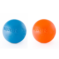 Two Planet Dog Orbee-Tuff Squeak balls side by side in blue and orange, embossed squeak