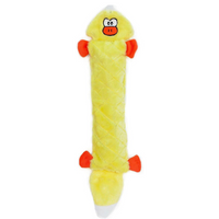 Zippy Paws Jigglerz plush duck dog toy with a long yellow body and orange feet, on white