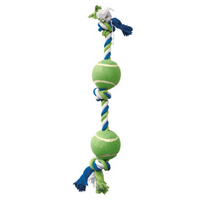 Blue and white rope toy with two tennis balls, one at each end