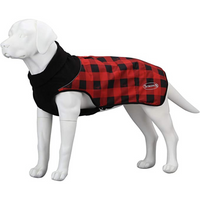 Scruffs Jesse James dog coat in red check, shown on a mannequin dog