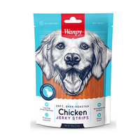 Wanpy soft oven-roasted Chicken Jerky Strips dog treat pouch front with a retriever on the label