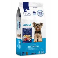 Front of the 20kg Hypro Premium Grain Free Ocean Fish adult dog food bag, with a Yorkshire terrier