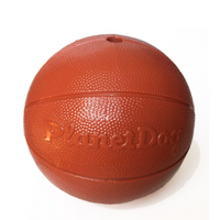 Planet Dog Orbee-Tuff basketball dog toy in brown, embossed with the Planet Dog name