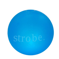 Planet Dog Orbee-Tuff Strobe Ball dog toy, a blue glowing ball embossed with the word strobe