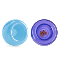 Two Planet Dog Orbee-Tuff Lil Snoop treat toys side by side in pale blue and purple