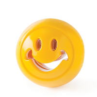 Planet Dog Orbee-Tuff Nooks Happiness dog toy, a yellow rubber ball moulded with a smiley face