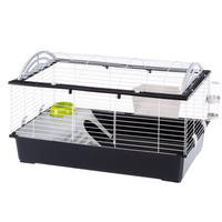 Ferplast Casita 100 rabbit and guinea pig cage, empty, white wire top on a dark grey base with a green bowl