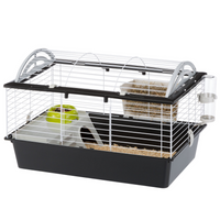 Ferplast Casita 80 rabbit and guinea pig cage, empty, white wire top on a dark base with a green bowl
