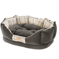 Ferplast Charles oval pet bed in beige tartan with a taupe velvet lining and cushion