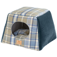 Ferplast Edinburgh cat house in blue, closed as a tent with a round entrance and tartan panels