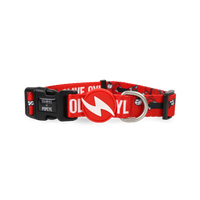 Dashi x Popeye Olive Oyl dog collar in red with Olive Oyl print and wordmark, bolt tag and D-ring