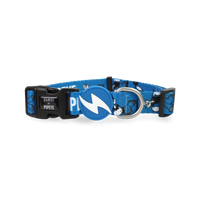 Dashi x Popeye dog collar in blue with a Popeye print and POPEYE webbing, bolt tag and D-ring