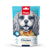 Wanpy Oven-Roasted Chicken Jerky & Biscuit Twists dog treat pouch front with a spaniel on the label