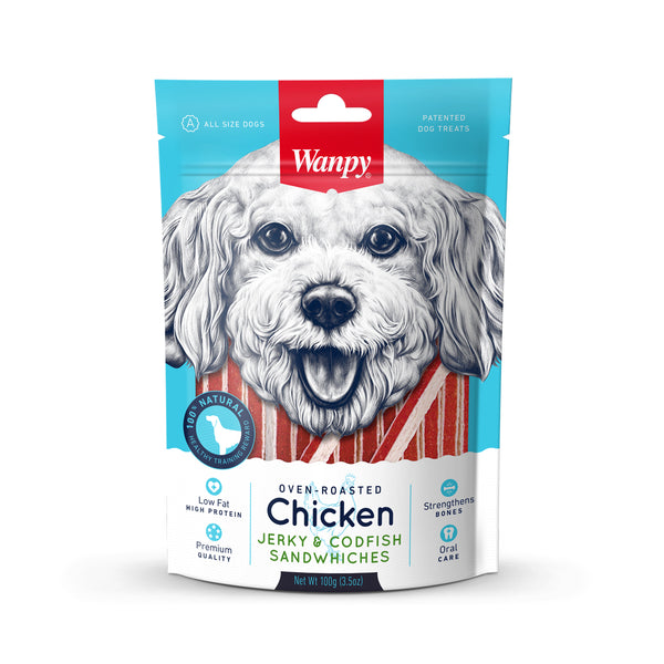 Wanpy Premium Dog Treats Oven-Roasted Chicken Jerky & Codfish Sandwiches