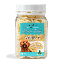 The Pet Project Natural Treats Vanilla Yoghurt Drops, 250 g clear tub with screw lid, front label