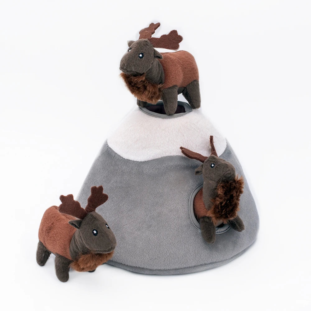 Zippy Paws Burrow plush dog toy: a snow-capped mountain with squeaky elk