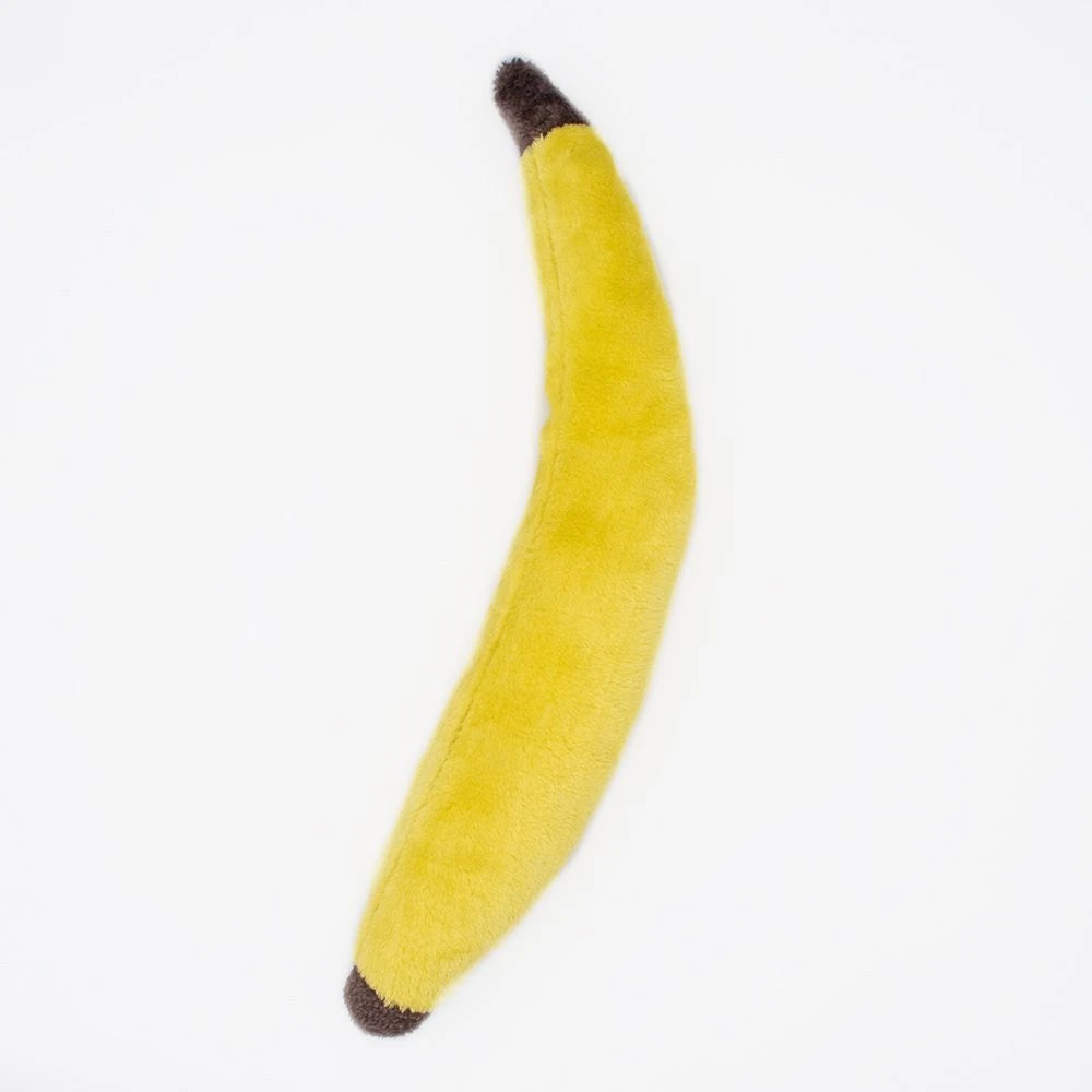 Zippy Paws Jigglerz plush banana dog toy, plain reverse side, on a white background