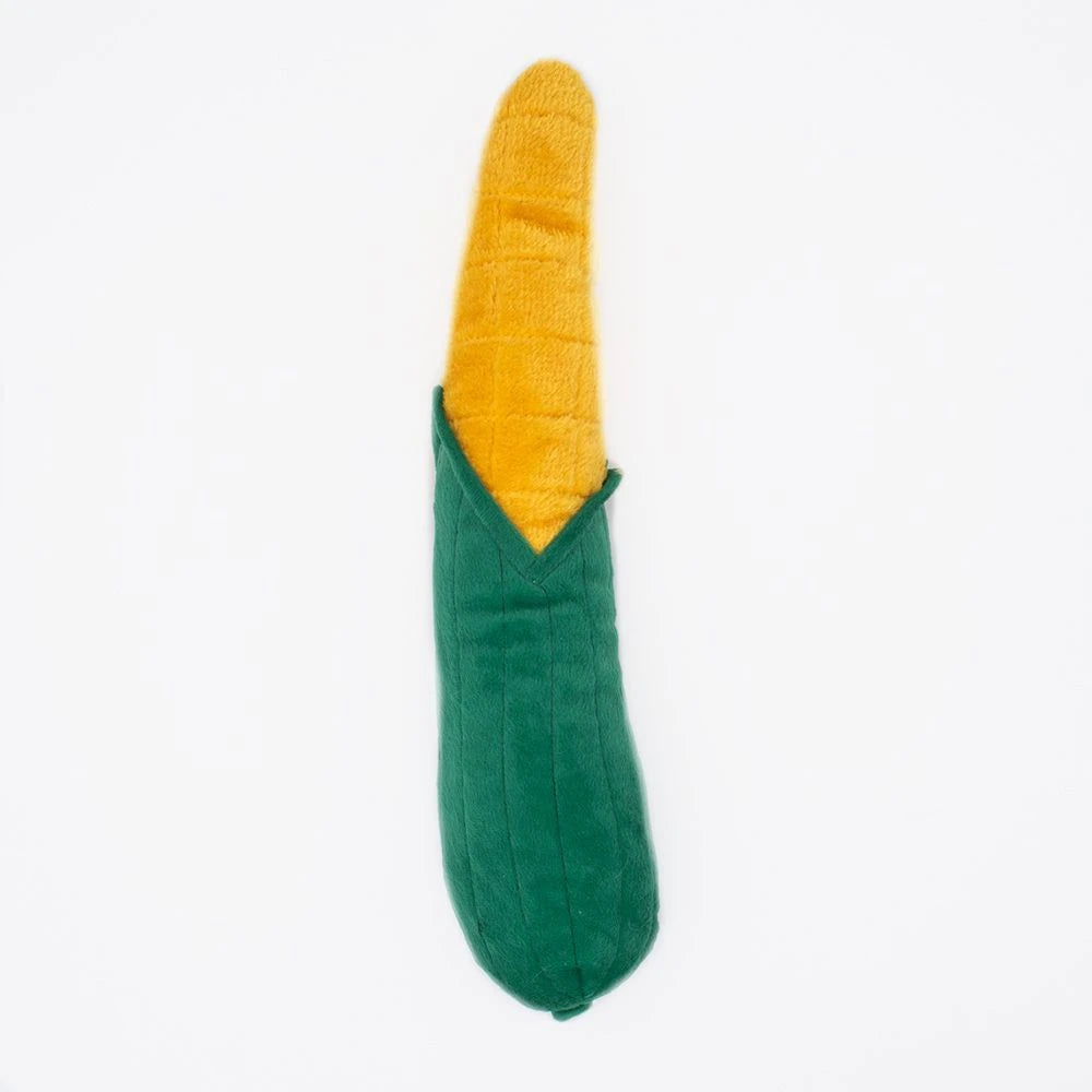Zippy Paws Jigglerz plush corn cob dog toy, plain reverse side, on a white background