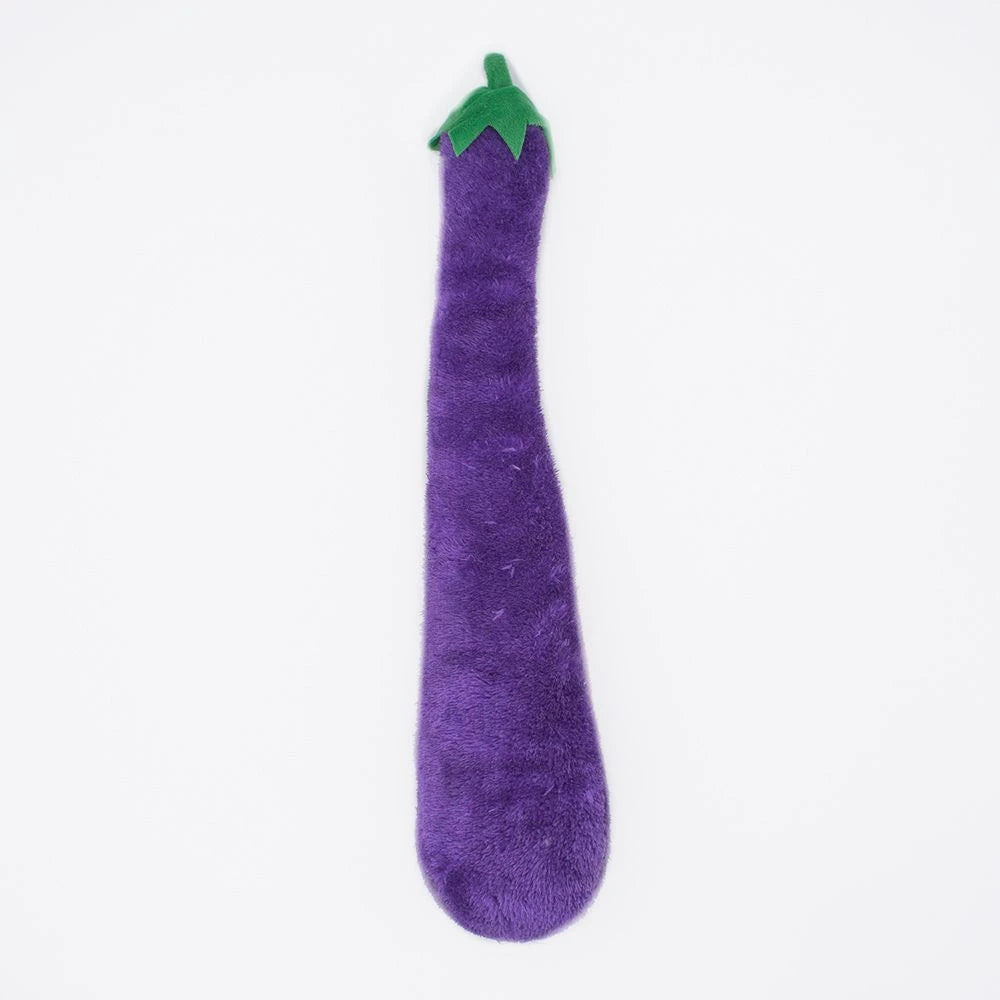 Zippy Paws Jigglerz plush eggplant dog toy, plain reverse side, on a white background