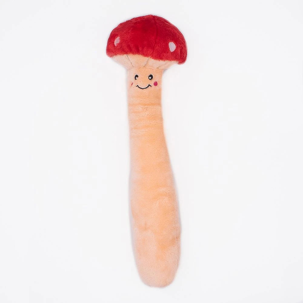 Zippy Paws Jigglerz plush mushroom dog toy with a red spotted cap and smiling face, on white