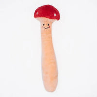 Zippy Paws Jigglerz plush mushroom dog toy with a red spotted cap and smiling face, on white