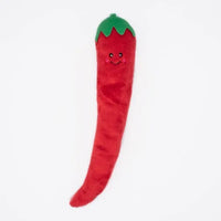 Zippy Paws Jigglerz plush chilli pepper dog toy with a smiling face and green stem, on white